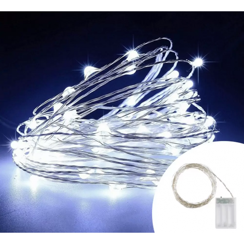 Luci natale minilucciole a batteria da 40 microled BIANCO luce fissa  cavetto argento 4mt